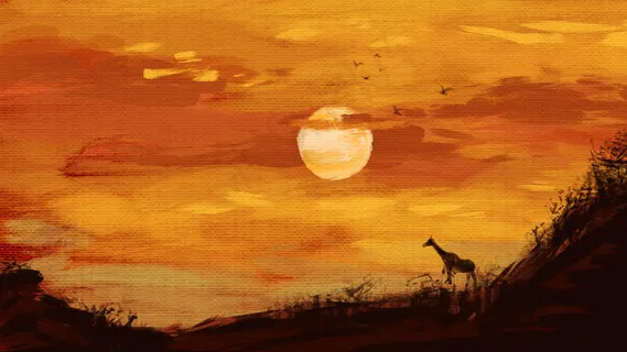 油画质感日落黄昏非洲草原长颈鹿剪影 油画质感日落黄昏非洲草原长颈鹿剪影