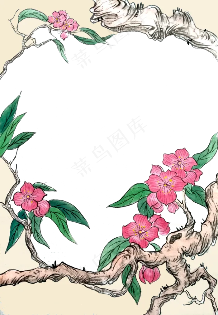 国画水墨桃花花鸟装饰边框PNG春天,免抠元素(2459X3549(DPI:72))psd模版下载