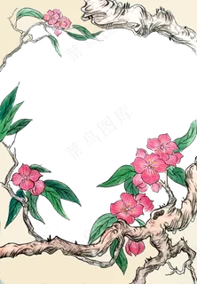 国画水墨桃花花鸟装饰边框PNG春天,免抠元素