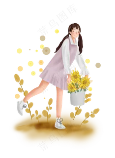 立秋秋天向日葵和长发女孩,免抠元素