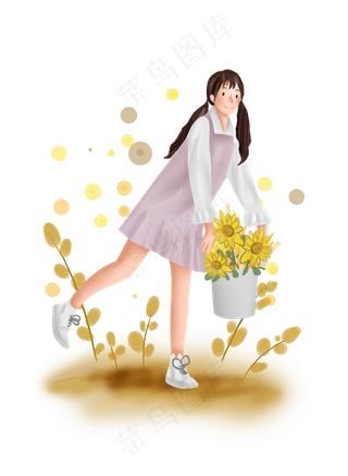 立秋秋天向日葵和长发女孩,免抠元素