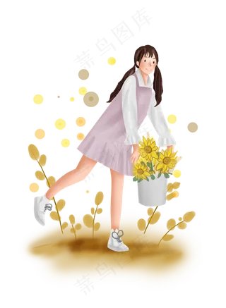 立秋秋天向日葵和长发女孩,免抠元素