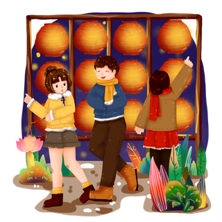 中国传统节日之元宵节赏花灯人物,免抠元素