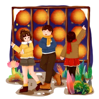 中国传统节日之元宵节赏花灯人物,免抠元素