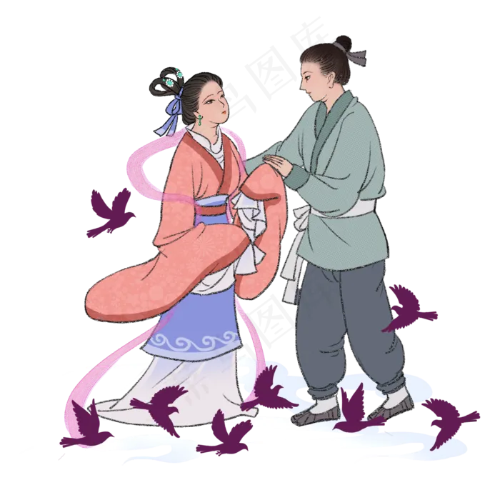 七夕牛郎织女古风人物,免抠元素(2000*2000px 300 dpi )psd模版下载