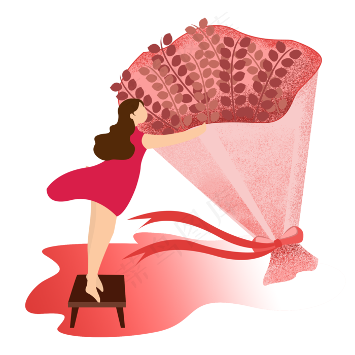 浪漫扁平风格抱着花束的红裙女孩