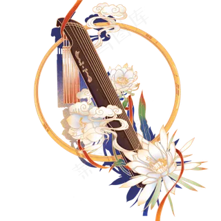 国潮风昙花古琴组合节日装饰,免抠元素