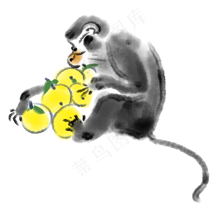 水墨抱着橙子的可爱猴子,免抠元素(2000*2000px 300 dpi )psd模版下载