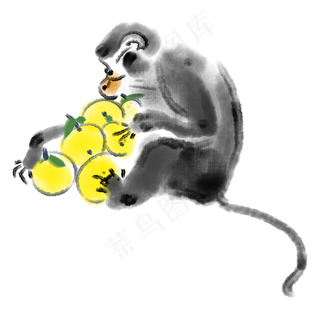 水墨抱着橙子的可爱猴子,免抠元素