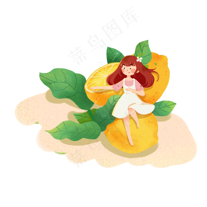 夏至坐在柠檬上的可爱女孩PNG(2000X2000(DPI:300))psd模版下载