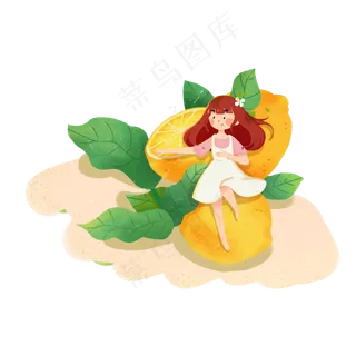 夏至坐在柠檬上的可爱女孩PNG