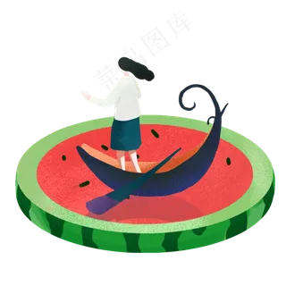大暑女孩在西瓜池里划船PNG素材