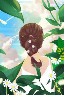 唯美治愈手绘夏日春天花与少女蓝天草植物