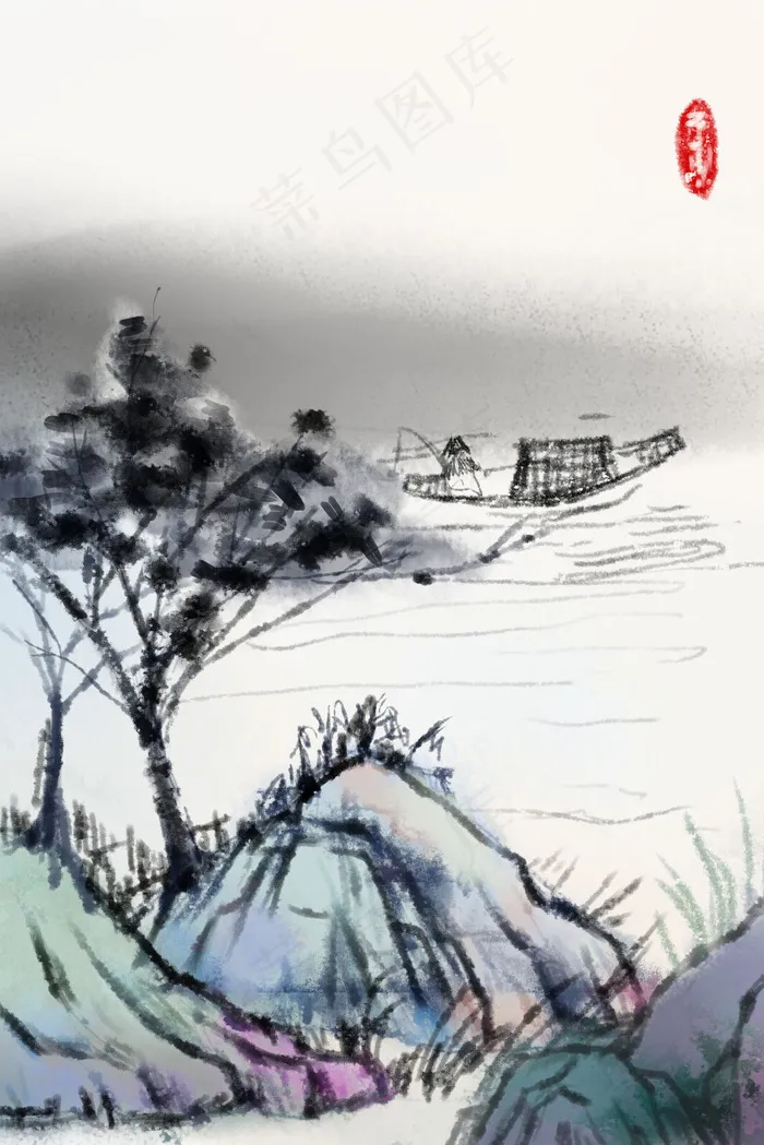 水墨风景依山傍水钓鱼图(3545*5315px 300 dpi )psd模版下载