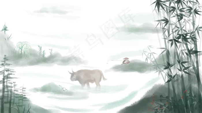 清明节手绘水墨山水图(2880*1620px 300 dpi )psd模版下载