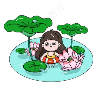 卡通夏天池塘游泳小女孩