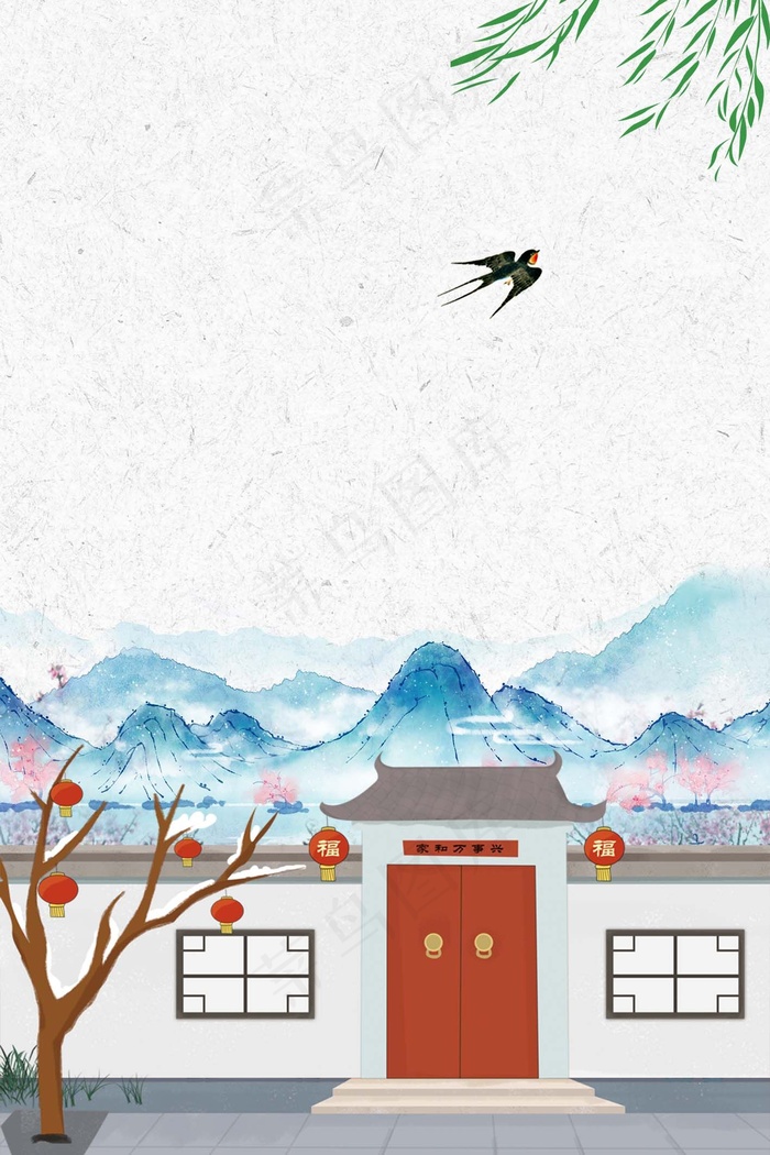 春季宅子美丽景色(1417*2126px 	      )psd模版下载