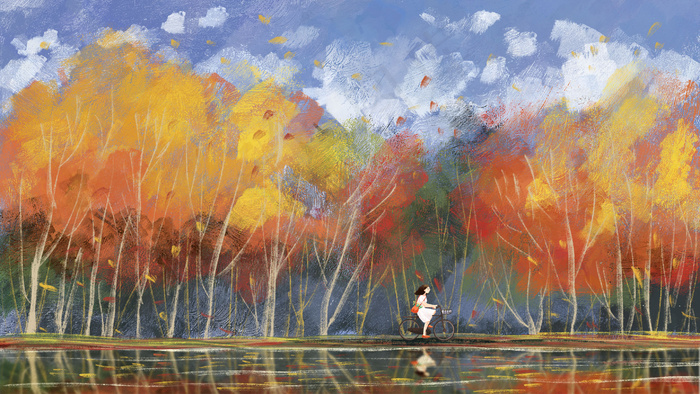 秋天树林森林风景骑车油画(2880*1620px 300 dpi )psd模版下载