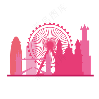 卡通水彩城市建筑摩天轮