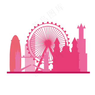 卡通水彩城市建筑摩天轮