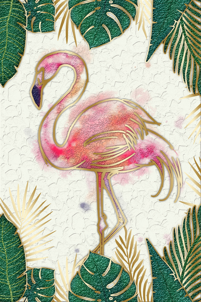 珐琅彩火烈鸟 热带绿色 粉色渐变 小清新装饰画(800*3584px 300 dpi )psd模版下载