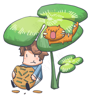 手绘卡通绿色叶子下的男孩