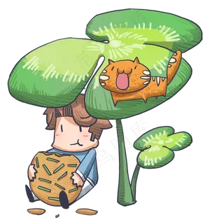 手绘卡通绿色叶子下的男孩