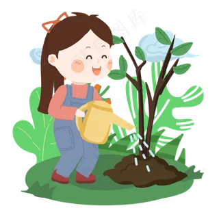 植树节卡通女生浇水PNG素材