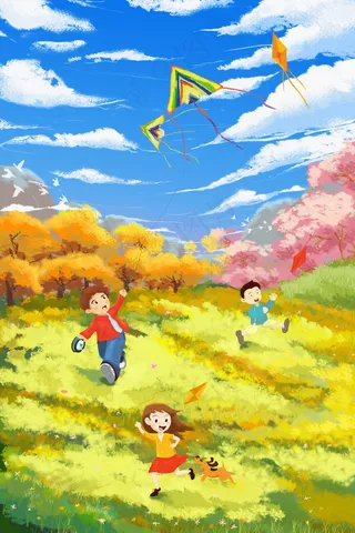 六一儿童节郊外儿童放风筝配图