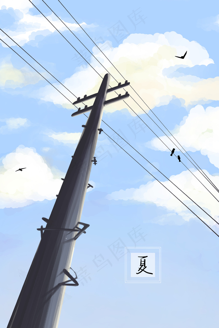 夏日近黄昏时的小鸟电线杆和天空(3545*5315px 300 dpi )