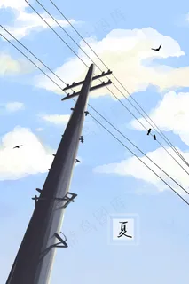 夏日近黄昏时的小鸟电线杆和天空