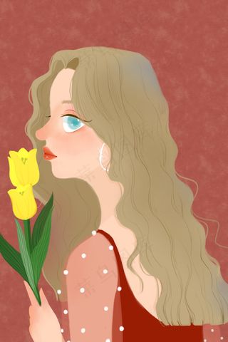 红色系暖色调手绘质感文艺棕色卷发少女