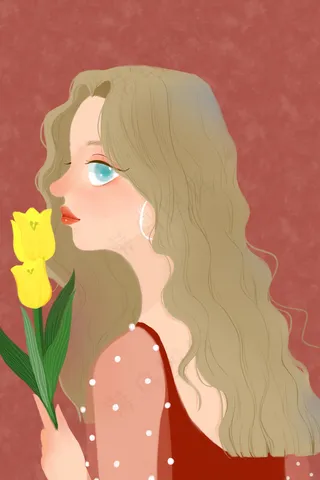 红色系暖色调手绘质感文艺棕色卷发少女