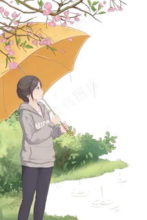 夏日雨景女孩与花