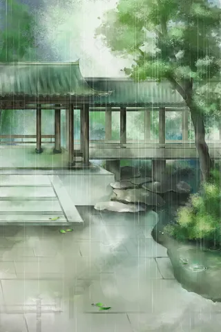 夏季雨水清凉国画园林避暑山庄中国风场景