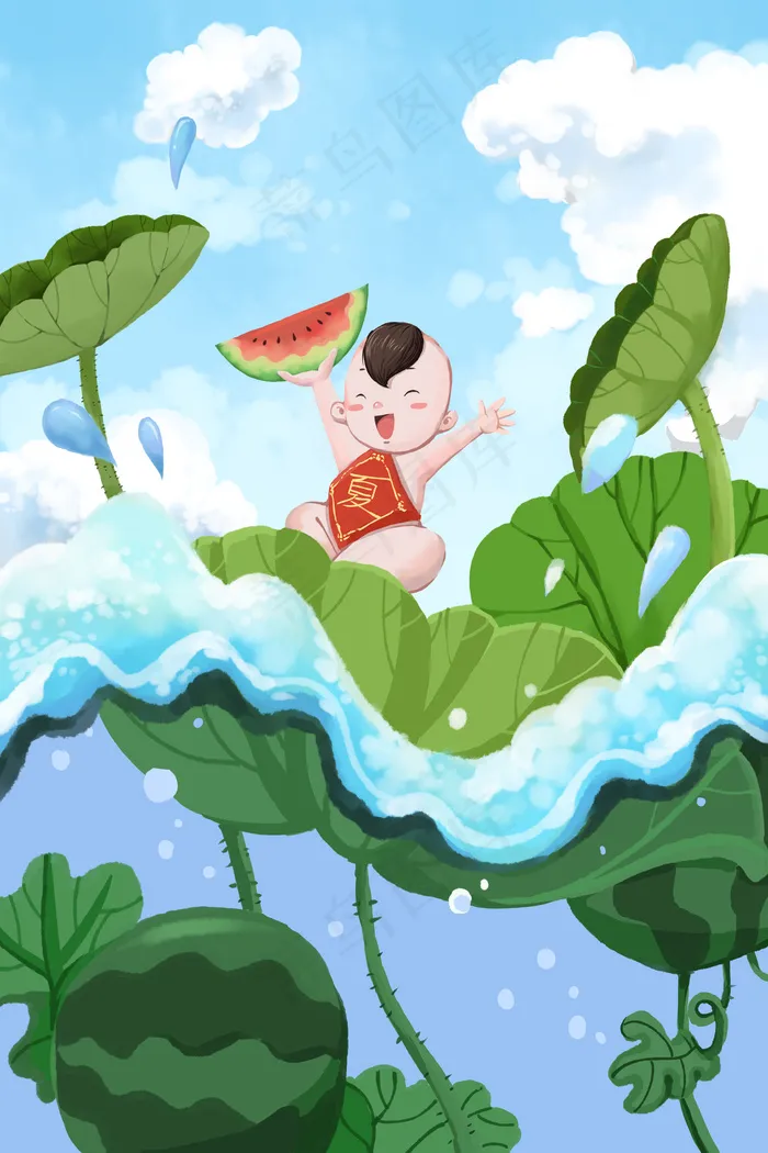卡通手绘风立夏夏景西瓜男孩配图(3545*5315px 300 dpi )psd模版下载