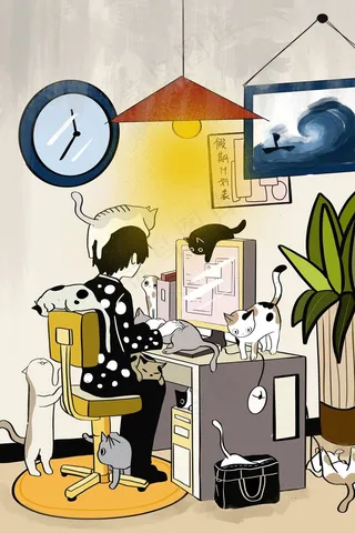 寒假假期生活卡通男孩房间猫咪