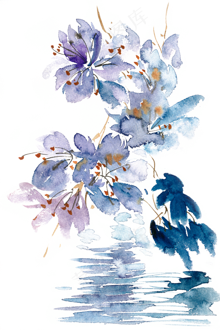 蓝色花丛水彩画PNG免抠素材(4724X7087(DPI:300))psd模版下载
