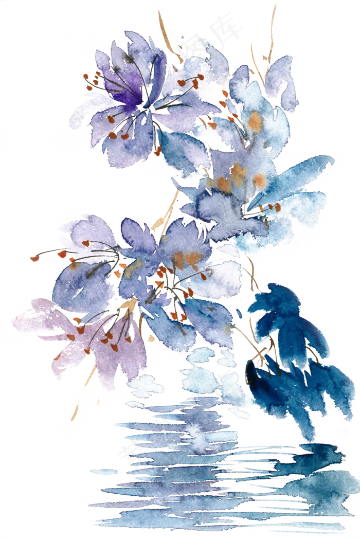 蓝色花丛水彩画PNG免抠素材(4724X7087(DPI:300))psd模版下载