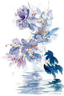 蓝色花丛水彩画PNG免抠素材