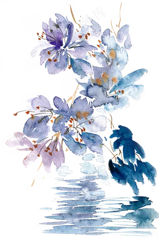 蓝色花丛水彩画PNG免抠素材