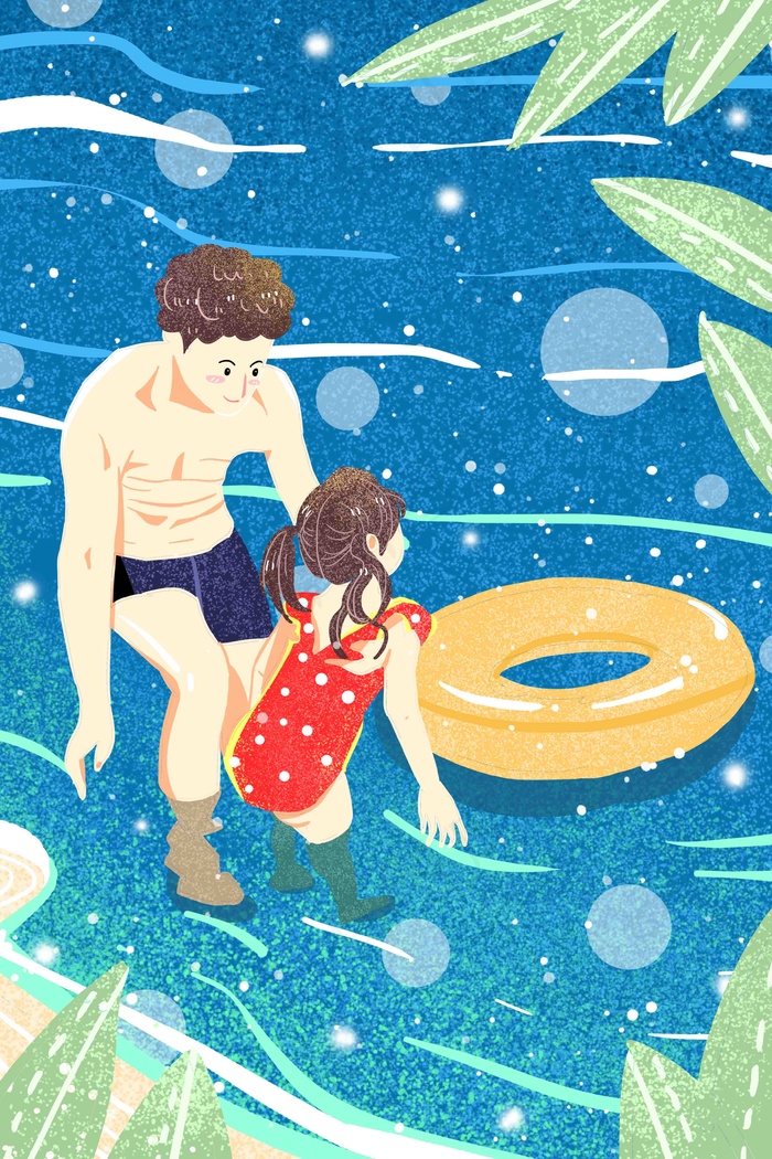 夏至凉爽户外玩耍可爱父女亲情阳光手绘插画