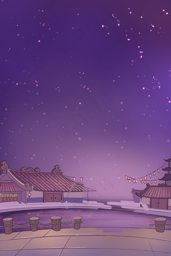 手绘卡通夜晚下的房屋背景