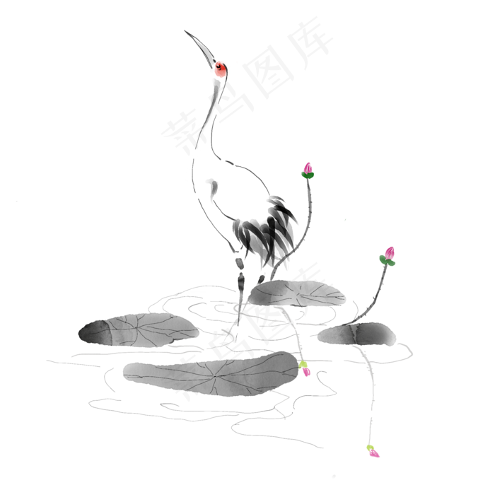 水墨风站在荷花池的仙鹤(2066X2024(DPI:72))psd模版下载