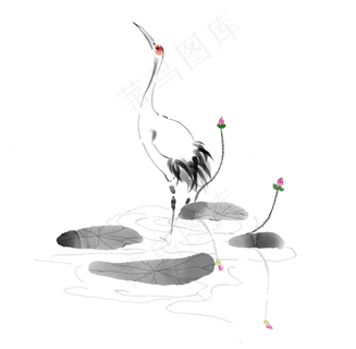 水墨风站在荷花池的仙鹤