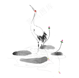 水墨风站在荷花池的仙鹤