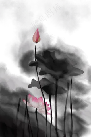 水墨风格荷花荷叶