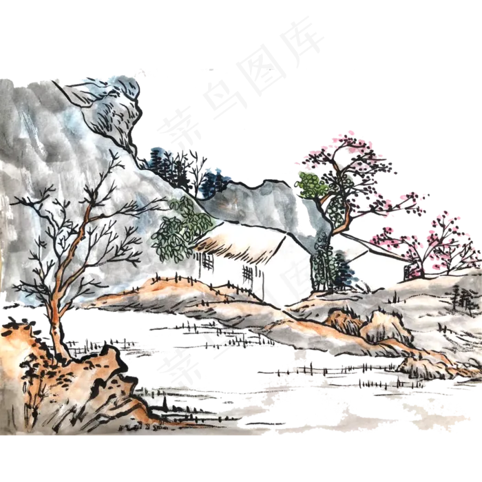 水墨山水国画东方PNG村庄