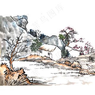 水墨山水国画东方PNG村庄