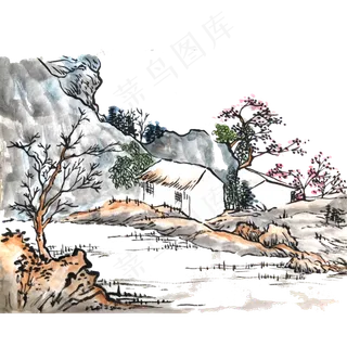 水墨山水国画东方PNG村庄